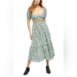 Free People Ellie Floral-print Gauze Midi Dress In Soft Seafoam